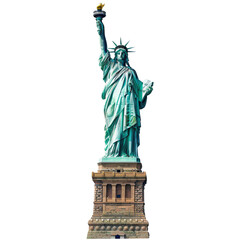 Statue of Liberty against white background, iconic American symbol representing freedom and democracy.