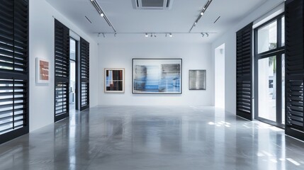 modern art gallery with minimalist black Bahama shutters, creating a striking contrast against the white walls and showcasing contemporary style