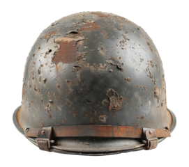World war ii era military helmet with damage and rust, cut out - stock png.