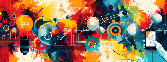 A vibrant digital collage depicting symbols of innovation and creativity, including light bulbs, gears, charts, circuit boards, and digital devices. Set against an abstract background.