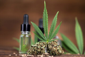 Hemp oil and cannabis leaves on light background