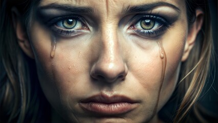 Woman with Tear-Streaked Face: A woman's face is streaked with tears, her eyes downcast, conveying deep sadness.	

