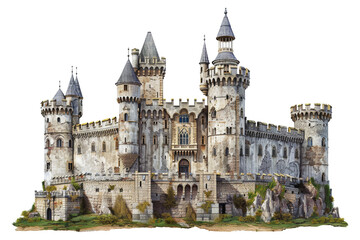 European castle in ruins with stone walls and tall towers, cut out - stock png.