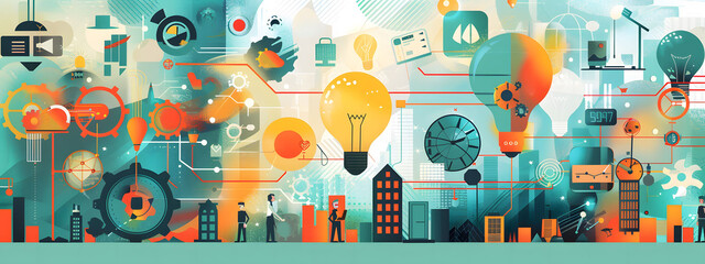 Obraz premium A vibrant digital collage depicting symbols of innovation and creativity, including light bulbs, gears, charts, circuit boards, and digital devices. Set against an abstract background.