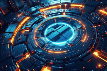 Naklejka premium Abstract 3D illustration of glowing neon blue and orange circular portal, futuristic technology or science fiction concept art.