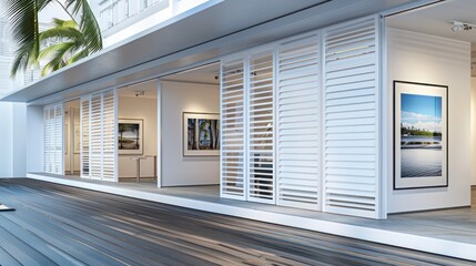 Fototapeta premium modern gallery with minimalist white Bahama shutters, emphasizing the art displayed within