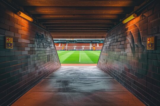 The entrance tunnel leading to the soccer field, with team logos and motivational signs on the walls, and the green field visible at the end