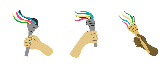 Sport torch with colorful wavy stripes set. Burning torch collection. Can used for poster, invitation. Flat vector illustration with sport symbol.
