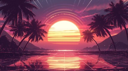 Naklejka premium A Sunset Over a Body of Water with Three Palm Trees in the Foreground and the Sun Setting Behind Them - Generative AI