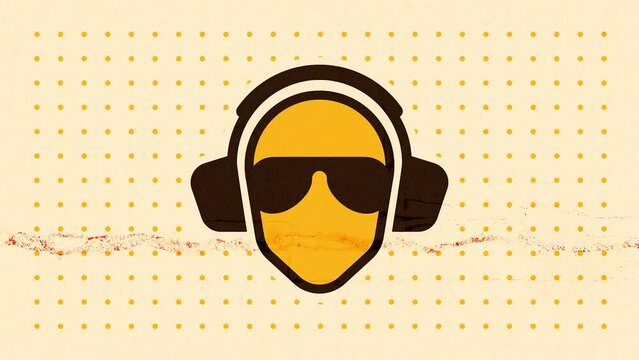 Animated party banner design in grungy retro style with stylized DJ icon.