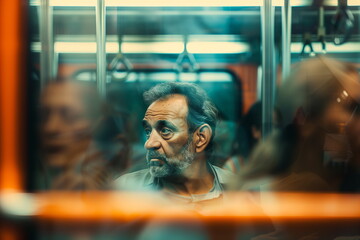 Obraz premium Man looking out of a window on public transportation, reflected in the glass, conveying contemplation and introspection, highlighting male vulnerability