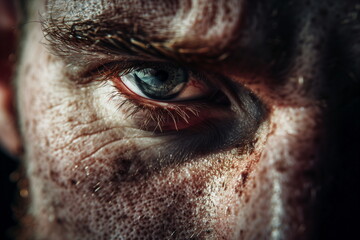 Close-up of a man's eye filled with emotion and intensity, highlighting male vulnerability and deep contemplation