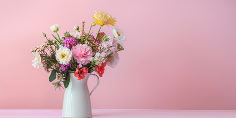 Fototapeta premium Bouquet of Flowers in White Vase on Pink Background