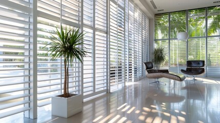 Fototapeta premium modern studio with translucent Bahama shutters, allowing natural light to filter in while maintaining a sleek, contemporary look