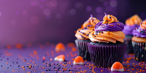 Vibrant purple and orange Halloween cupcakes with candy corn sprinkles on a dark violet background. High quality photo with banner design, copy space