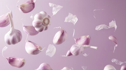 Fresh garlic bulbs and cloves floating on a pastel pink background