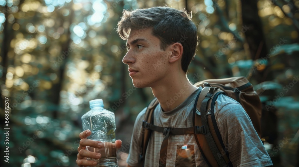 Wall mural a man is drinking water while hiking in the woods