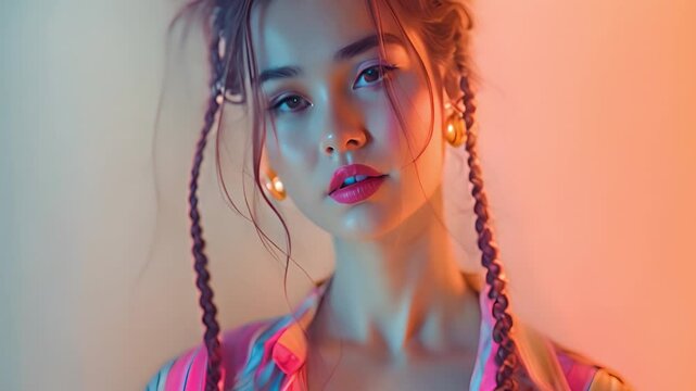 Asian young, stylish, and cool adolescent fashion model, dressed in casual, trendy shorts and shirt, posing and staring at the camera.