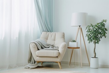 Modern Living Room Decor: Cozy Chair with Blanket, White Lamp, and Green Plant
