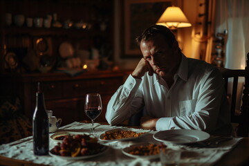 Man sitting alone at a dimly lit dinner table, looking contemplative and melancholic, highlighting male vulnerability and introspection