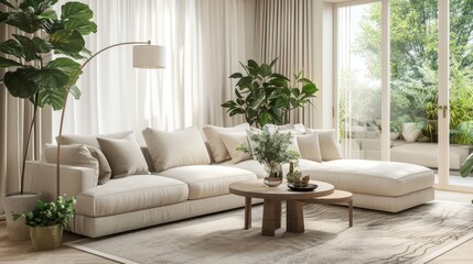 Modern Living Room with White Sofa, Green Plants, and Large Windows