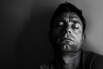 Fototapeta premium Man in black and white portrait with closed eyes, showing deep contemplation and emotional struggle, emphasizing male vulnerability