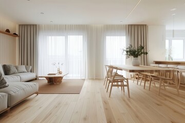 Obraz premium Modern Living Room with Wooden Floors, White Curtains, and Minimalist Furniture