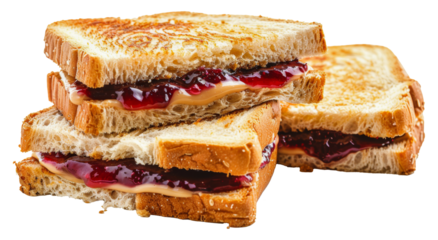 Close-up of toasted peanut butter and jelly sandwiches, cut out - stock png.