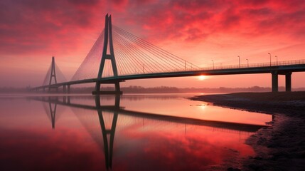 Obraz premium A bridge spans a body of water with a sunset in the background