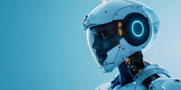 Futuristic robot with a sleek design and blue glowing elements, banner with copy space
