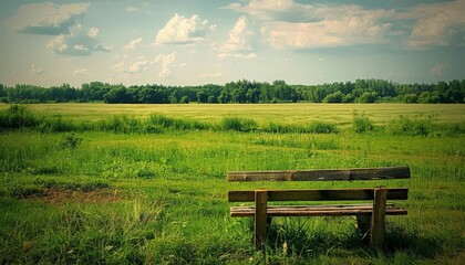 Serene Fields: Wooden Bench in a Lush, Open Pasture with Cloudy Sky
