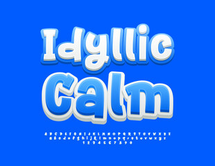 Vector playful logo Idillic Calm. Funny Bright Font. White and Blue creative Alphabet Letters and Numbers set.