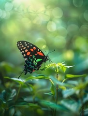 Fototapeta premium Vivid Butterfly Perched on Green Leaf Amidst Blurred Forest Background