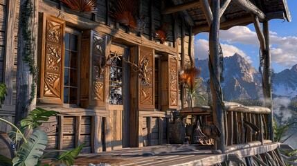 Fototapeta premium mountain home with rustic, carved Bahama shutters, featuring local fauna motifs that reflect the wildlife of the area