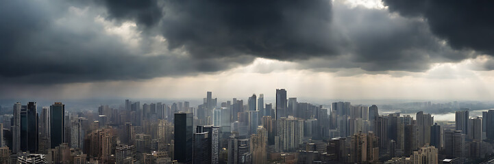 Cloudy stormy apocalyptic city skyline urban landscape background