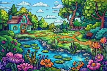 Colorful Landscape with a House, Pond and Fish, Naive Art Drawing Imitation