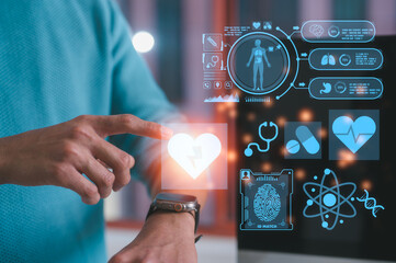 Man using smart watch to record exercise data  and health record Relieve stress, relax muscles,...
