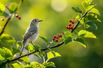 Obraz premium Gray Bird Perched on Branch with Red Berries