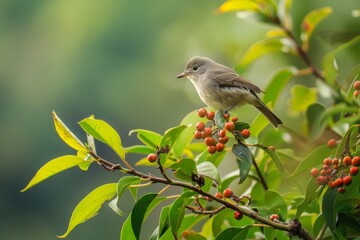 Gray Bird Perched on Berry-Laden Branch