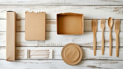 Naklejka premium Eco-friendly cardboard packaging with wooden utensils on white wooden background. Shows sustainable materials for food packaging. Suitable for eco-conscious branding and green products. AI.
