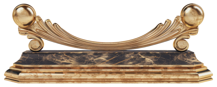 Ornate gold trophy base with marble platform, cut out - stock png.