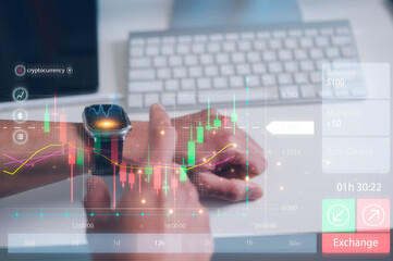 a man using a generic smartwatch with virtual investment trading charts buy sell application and searching talking check emails calling or data analysis and social media lifestyle