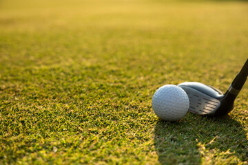 Closeup Golf ball on green grass on course, Sport and lifestyle
