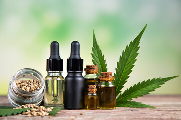 Cannabis leaf with hemp seeds and marijuana oil, cbd