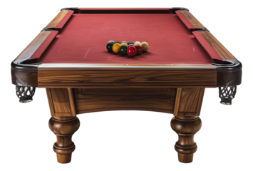 Wooden pool table with red felt and balls in a triangle formation, cut out - stock png.