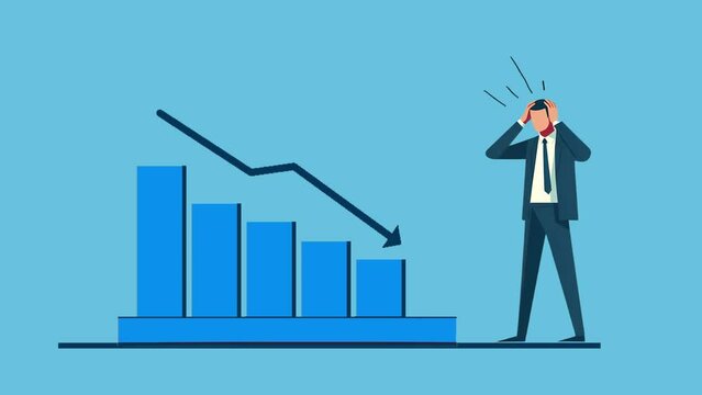 graphic animation with dark blue annotation arrows on a bright background. business concept of declining income and sales graph. Chart animation for business presentations