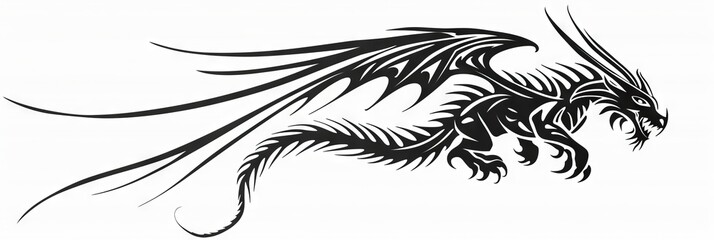 Obraz premium Dragon Tattoo Isolated, tribal wyvern silhouette, Black White Dragon, Abstract Generative AI Illustration