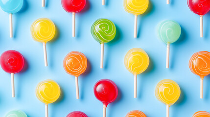 Pattern of lollipops against blue background, Top view of colorful lollipop on a stick