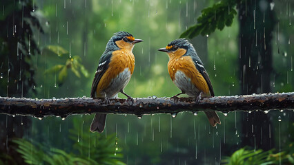 A pair of beautiful birds in the forest with raindrops and nature.