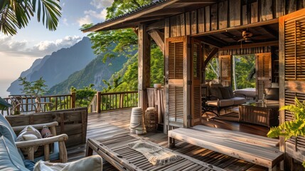 Obraz premium mountain retreat with rustic wood Bahama shutters, providing a cozy place to enjoy the scenic views